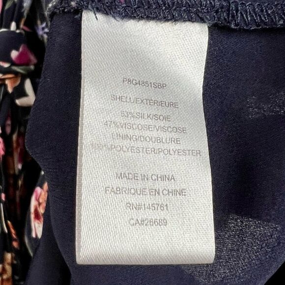 Parker Silk Blend Navy Floral Long Trumpet Sleeve Waist Tie Dress - Picture 10 of 11